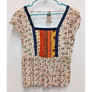 Maurices‎ Womens BOHO Peasant Top Medium Floral Peplum Smocked Short Sleeve